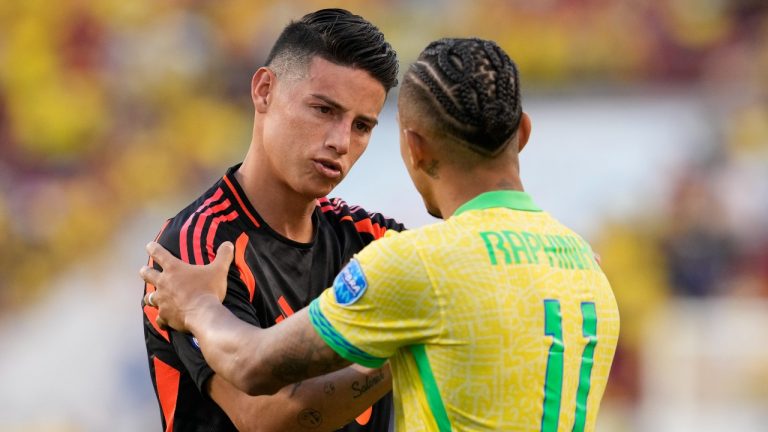 Colombia's James Rodriguez, left, greets Brazil's Raphinha after Colombia tied Brazil 1-1 in a Copa America Group D soccer match Tuesday, July 2, 2024, in Santa Clara, Calif. (AP/Godofredo A. Vásquez)