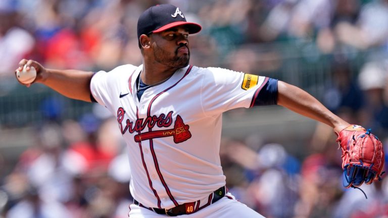 Atlanta Braves pitcher Reynaldo López works in the first inning of a baseball game against the Philadelphia Phillies Sunday, July 7, 2024, in Atlanta. (AP Photo/John Bazemore)