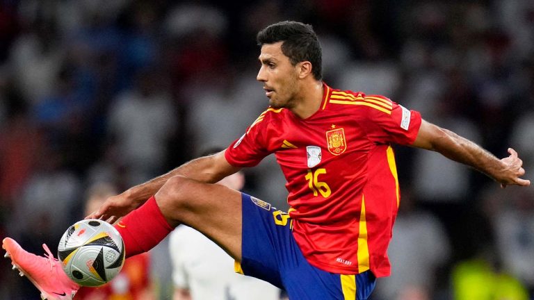 Spain's Rodri controls the ball during the final match between Spain and England at the Euro 2024 soccer tournament in Berlin, Germany, Sunday, July 14, 2024. (Manu Fernandez/AP)