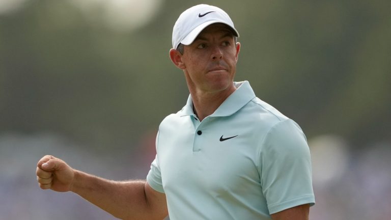 Rory McIlroy, of Northern Ireland, celebrates after a birdie on the 12th hole during the final round of the U.S. Open, June 16, 2024. (AP/Matt York)