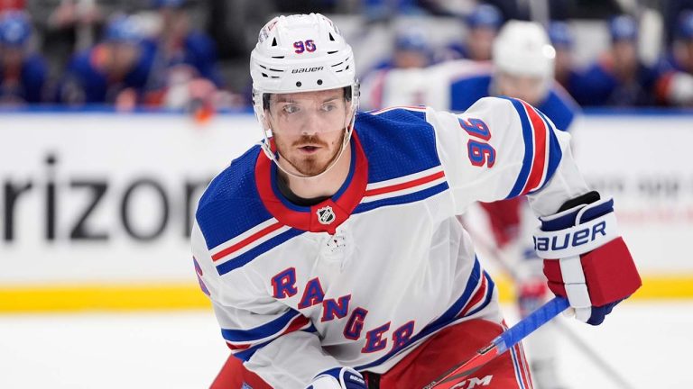 New York Rangers' Jack Roslovic (96) during the first period of an NHL hockey game against the New York Islanders Tuesday, April 9, 2024, in Elmont, N.Y. (Frank Franklin II/AP)