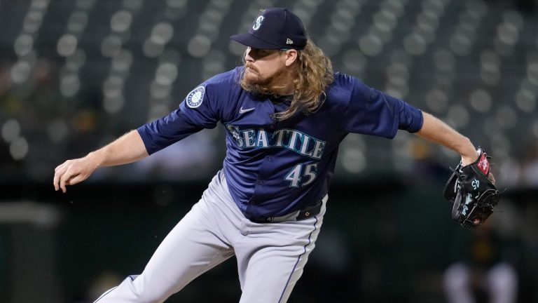 Seattle Mariners pitcher Ryne Stanek during a game against the Oakland Athletics, June 4, 2024. (AP Photo/Jeff Chiu)