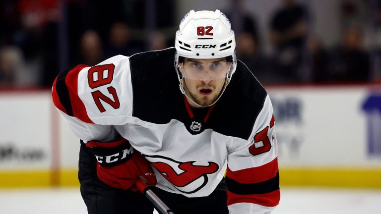 New Jersey Devils' Santeri Hatakka watches the puck against the Carolina Hurricanes during the first period of an NHL hockey game in Raleigh, N.C., Thursday, Jan. 25, 2024. (Karl B DeBlaker/AP Photo)