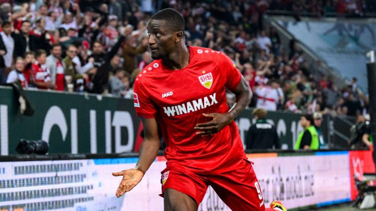 Stuttgart's Serhou Guirassy celebrates scoring during a Bundesliga match against FC Augsburg at WWK-Arena, May 10, 2024. (Tom Weller/dpa via AP)