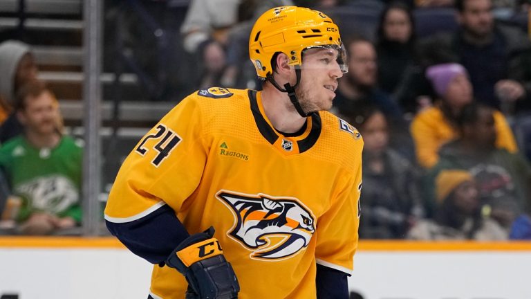 Nashville Predators defenceman Spencer Stastney plays during an NHL game against the Tampa Bay Lightning, Dec. 7, 2023. (AP Photo/George Walker IV)