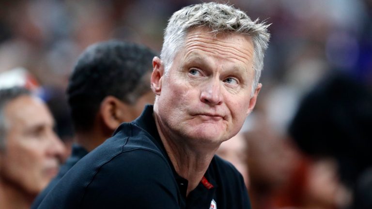 United States head coach Steve Kerr watches during the first half of an exhibition basketball game between the United States and Canada, Wednesday, July 10, 2024, in Las Vegas. (AP Photo/Steve Marcus)