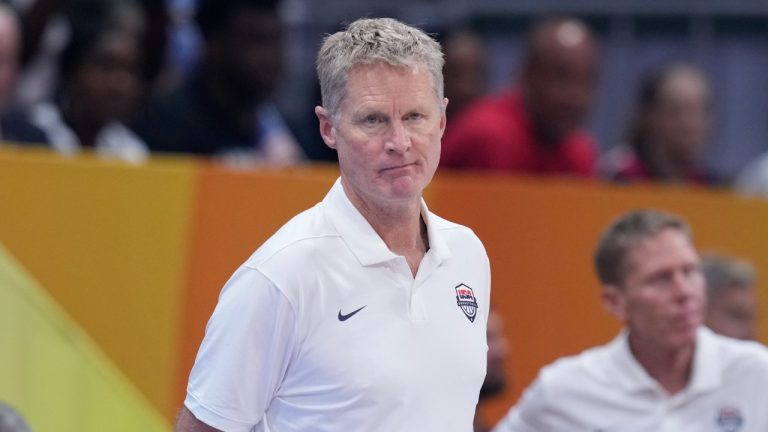 U.S. head coach Steve Kerr looks during the Basketball World Cup bronze medal game between the United States and Canada in Manila, Philippines, Sept. 10, 2023. (AP Photo/Michael Conroy)