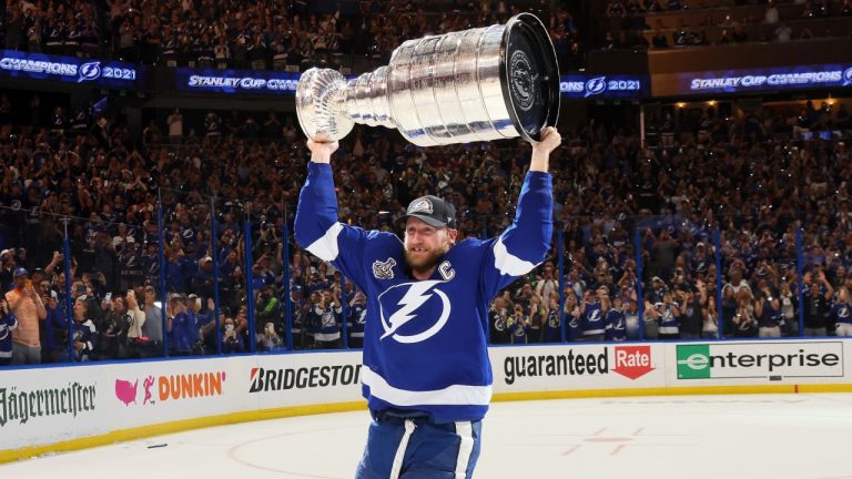 Tampa Bay Lightning's Steven Stamkos hoists the Stanley Cup after the team's 1-0 victory against the Montreal Canadiens in Game 5 of the Stanley Cup Finals, July 7, 2021, in Tampa, Fla. (Bruce Bennett/Pool Photo via AP)