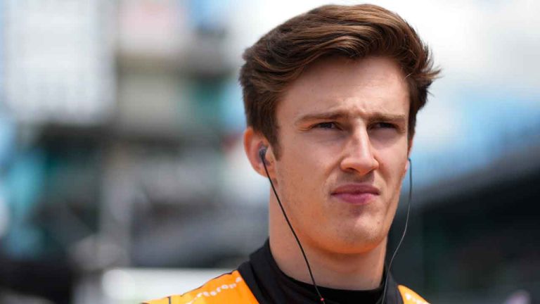 Theo Pourchaire, of France, waits in the pits before a practice session for the IndyCar Grand Prix auto race at Indianapolis Motor Speedway. (Darron Cummings/AP)