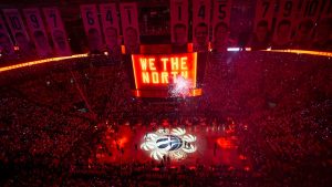 The court is illuminated at Scotiabank Arena ahead of the first half of Game 2 of the NBA Finals between the Toronto Raptors and the Golden State Warriors in Toronto on Sunday, June 2, 2019. THE CANADIAN PRESS/Chris Young