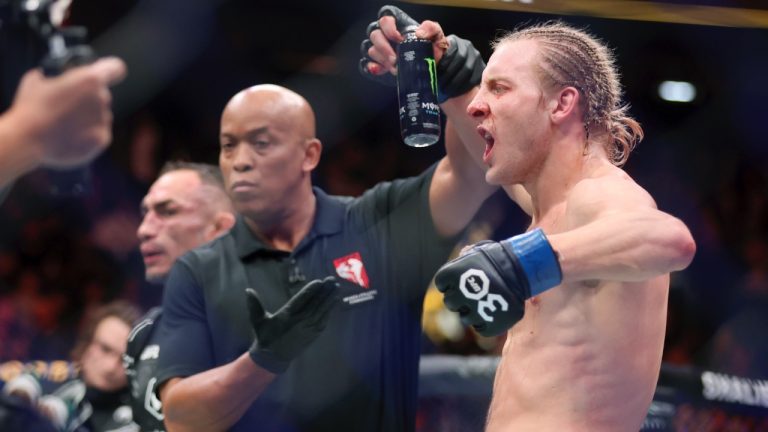 Lightweight fighter Paddy Pimblett celebrates after winning a UFC bout. (Steve Marcus/Las Vegas Sun via AP)