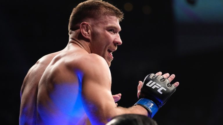 Dricus Du Plessis celebrates after a win in the UFC. (John Locher/AP)