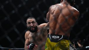 Belal Muhammad during the second round of a welterweight bout against Brazil's Gilbert Burns at UFC 288. (Frank Franklin II/AP)