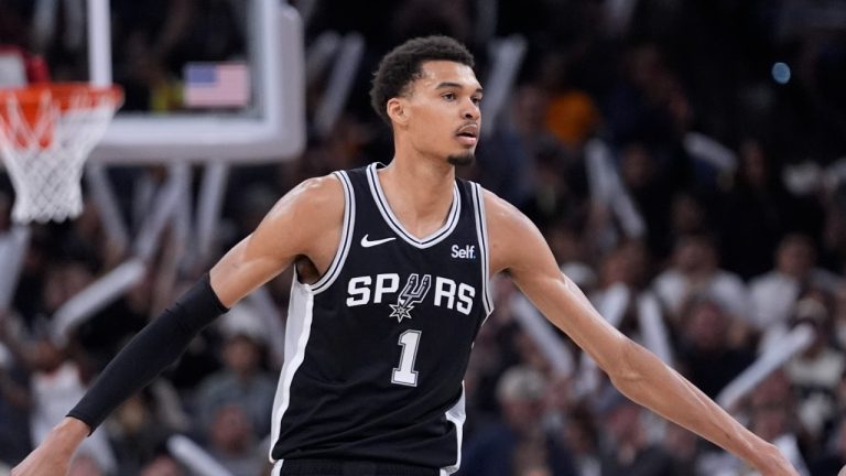 San Antonio Spurs centre Victor Wembanyama celebrates during the second half of an NBA game against the Denver Nuggets, April 12, 2024. (AP Photo/Eric Gay)