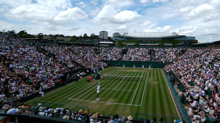 General view of Court 2 as Christopher Eubanks of the US serves to Stefanos Tsitsipas of Greece in a men's singles match on day eight of the Wimbledon tennis championships in London, Monday, July 10, 2023. (AP Photo/Alastair Grant)