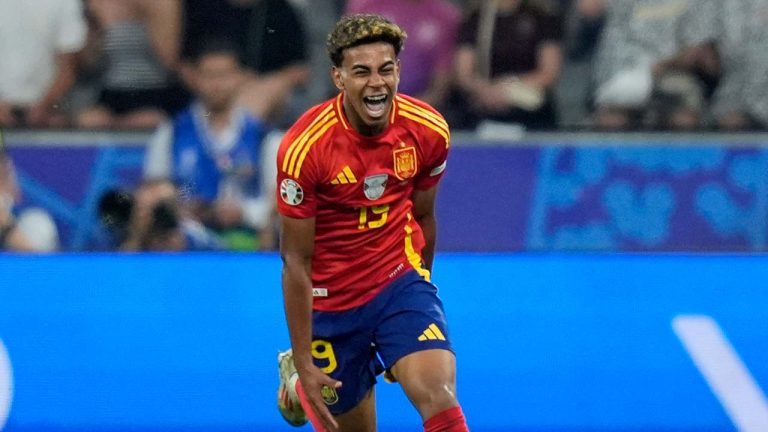 Spain's Lamine Yamal celebrates after scoring his side's first goal during a semifinal match between Spain and France at the Euro 2024 soccer tournament in Munich, Germany, Tuesday, July 9, 2024. (Matthias Schrader/AP)