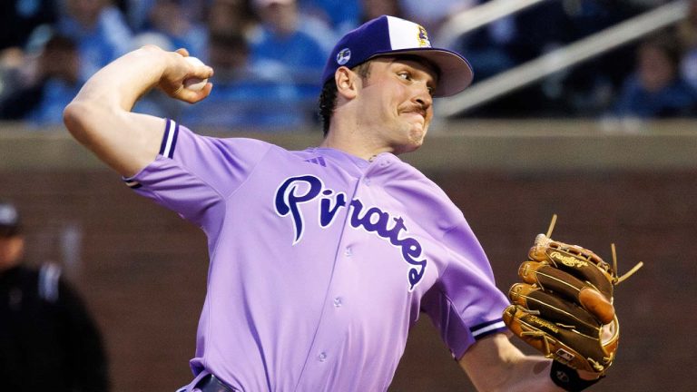 East Carolina's Trey Yesavage (46) pitches during an NCAA Baseball game on Friday, Feb. 23, 2024, in Chapel Hill, N.C. (Ben McKeown/AP)