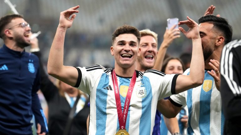 Argentina's Julian Alvarez celebrates following victory over France via a penalty shootout in the FIFA World Cup Final match. (AP Photo)