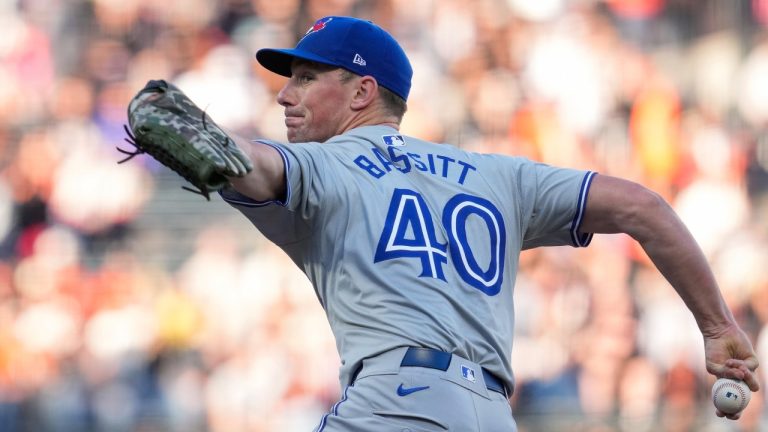 Toronto Blue Jays pitcher Chris Bassitt throws to a San Francisco Giants batter during the first inning of a baseball game Wednesday, July 10, 2024, in San Francisco. (Godofredo A. Vásquez/AP)