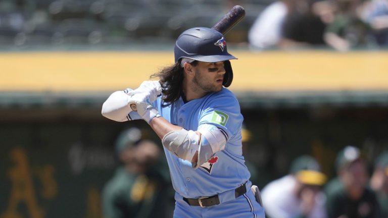 Toronto Blue Jays' Bo Bichette during a baseball game against the Oakland Athletics in Oakland, Calif., Sunday, June 9, 2024. (Jeff Chiu/AP)