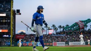 Toronto Blue Jays' Bo Bichette walks to the dugout after striking out against the San Francisco Giants during the sixth inning of a baseball game Tuesday, July 9, 2024, in San Francisco. (Godofredo A. Vásquez/AP)