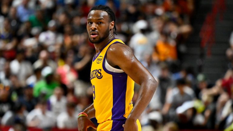 Los Angeles Lakers guard Bronny James (9) looks on during the first half of an NBA summer league basketball game against the Houston Rockets, Friday, July 12, 2024, in Las Vegas. (David Becker/AP Photo)