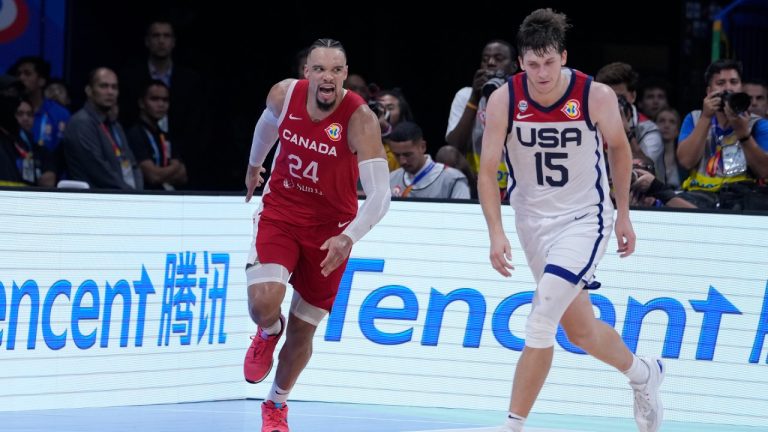 Canada forward Dillon Brooks (24) celebrates after scoring shot during the Basketball World Cup bronze medal game between the United States and Canada in Manila, Philippines, Sunday, Sept. 10, 2023. (Michael Conroy/AP)