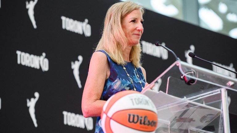 WNBA Commissioner Cathy Engelbert gives remarks during a news conference announcing the city's WNBA franchise, in Toronto on Thursday, May 23, 2024. (Christopher Katsarov/CP)