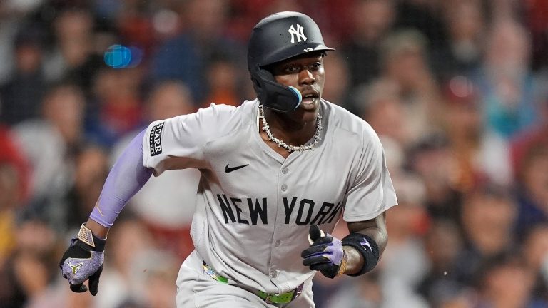 New York Yankees' Jazz Chisholm Jr. runs on his ground out during the seventh inning of a baseball game against the Boston Red Sox, Sunday, July 28, 2024, in Boston. (Michael Dwyer/AP)