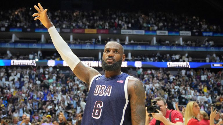 United States' forward LeBron James waves to the crowd after the end of an exhibition basketball game between the United States and South Sudan, at the o2 Arena in London, Saturday, July 20, 2024. (Kin Cheung/AP)