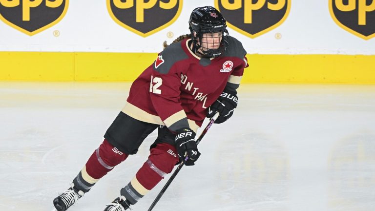 Montreal's Claire Dalton skates prior to a PWHL hockey game against New York in Laval, Que., Tuesday, January 16, 2024. (Graham Hughes/CP)