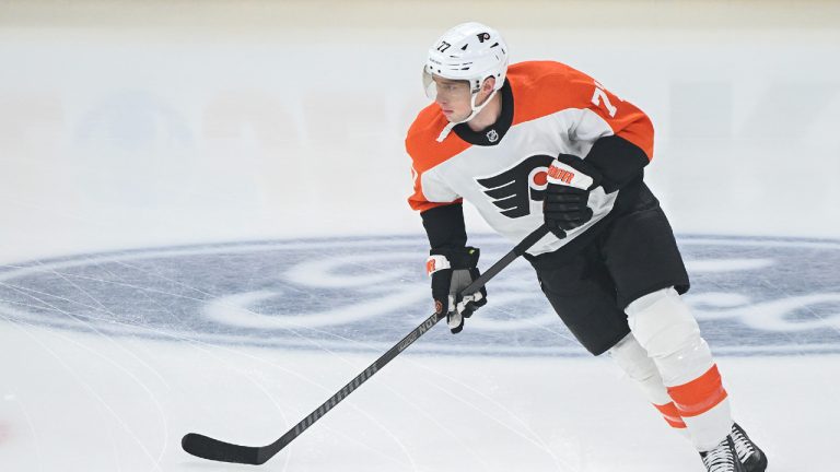 Philadelphia Flyers' Erik Johnson warms up prior to an NHL hockey game against the Montreal Canadiens in Montreal, Tuesday, April 9, 2024. (Graham Hughes/CP)