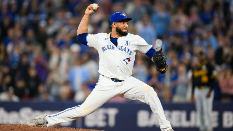 Toronto Blue Jays pitcher Yimi Garcia (93) throws the ball during ninth inning MLB interleague action against the Pittsburgh Pirates, in Toronto, Sunday, June 2, 2024. (Christopher Katsarov/CP)