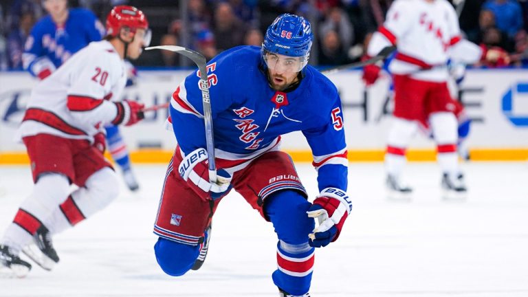 New York Rangers defenseman Erik Gustafsson (56) skates to the puck during the first period of the team's NHL hockey game against the Carolina Hurricanes on Tuesday, Jan. 2, 2024, in New York. (Peter K. Afriyie/AP)