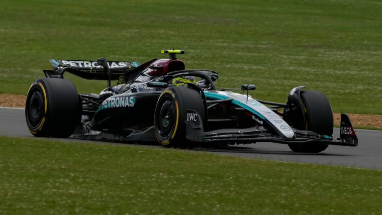 Mercedes driver Lewis Hamilton of Britain steers his car during the British Formula One Grand Prix race at the Silverstone racetrack, Silverstone, England, Sunday, July 7, 2024. (Luca Bruno/AP)