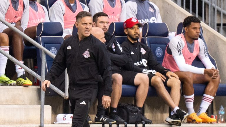 Toronto FC head coach John Herdman looks on during the MLS soccer match against the Philadelphia Union, Wednesday, May 29, 2024, in Chester, Pa. The match ends in a 0-0 draw. (Chris Szagola/AP)