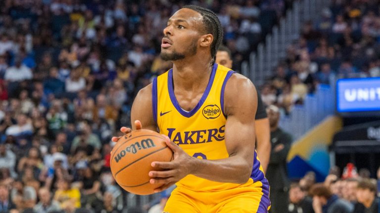 Los Angeles Lakers guard Bronny James (9) shoots during the second half of an NBA summer league basketball game against the Sacramento Kings in San Francisco, Saturday, July 6, 2024. (Nic Coury/AP)