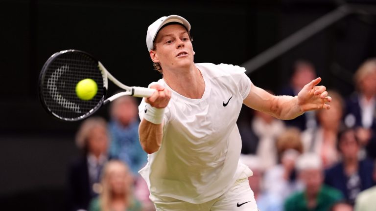 Jannik Sinner in action against Daniil Medvedev on day nine of the 2024 Wimbledon Championships at the All England Lawn Tennis and Croquet Club, London. Picture date: Tuesday July 9, 2024.