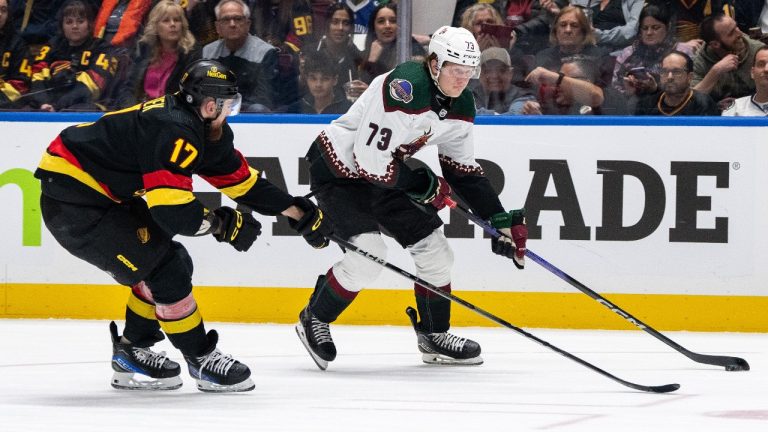 Vancouver Canucks' Filip Hronek (17) and Arizona Coyotes Jan Jenik (73) vie for the puck during the first period of an NHL hockey game in Vancouver, on Wednesday, April 10, 2024. (Ethan Cairns/CP)