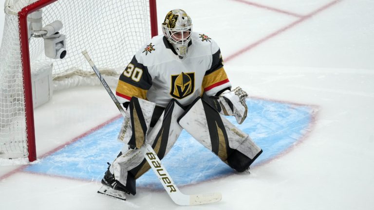 Vegas Golden Knights goaltender Jiri Patera (30) in the first period of an NHL hockey game Wednesday, Jan. 10, 2024, in Denver. (David Zalubowski/AP)