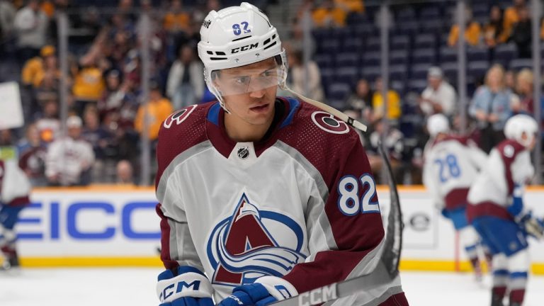 Colorado Avalanche defenceman Caleb Jones (82) warms up before the team's NHL hockey game against the Nashville Predators, Saturday, March 2, 2024, in Nashville, Tenn. (George Walker IV/AP)