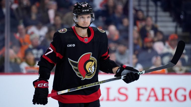 Ottawa Senators' Parker Kelly plays during an NHL hockey game, Saturday, March 2, 2024, in Philadelphia. (Matt Slocum/AP)