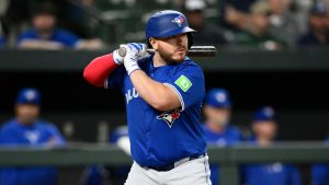 Toronto Blue Jays' Alejandro Kirk in action during a baseball game against the Baltimore Orioles, Monday, May 13, 2024, in Baltimore. The Blue Jays won 3-2 in 10 innings. (Nick Wass/AP)