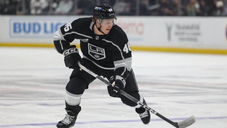 Los Angeles Kings center Blake Lizotte (46) moves the puck during the second period of an NHL hockey game against the Minnesota Wild, Wednesday, March 20, 2024, in Los Angeles. (Yannick Peterhans/AP)