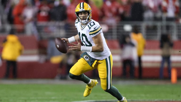 Green Bay Packers quarterback Jordan Love (10) rolls out during the first half of an NFL football NFC divisional playoff game against the San Francisco 49ers, Saturday, Jan. 20, 2024, in Santa Clara, Calif. (Jed Jacobsohn/AP)