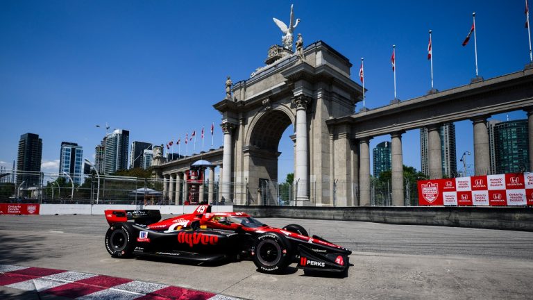 Driver Christian Lundgaard, of Denmark, drives during the first practice of the 2024 Honda Indy Toronto on Friday, July 19, 2024. (Christopher Katsarov/CP)