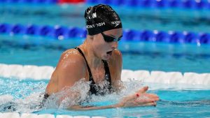 Summer McIntosh, of Canada, competes during a heat in the women's 400-meter individual medley at the 2024 Summer Olympics, Monday, July 29, 2024, in Nanterre, France. (Martin Meissner/AP Photo)