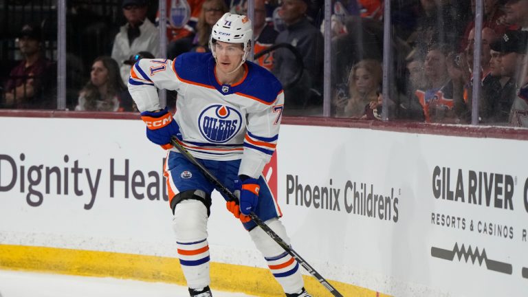 Edmonton Oilers center Ryan McLeod (71) in the third period during an NHL hockey game against the Arizona Coyotes, Monday, Feb. 19, 2024, in Tempe, Ariz. Edmonton won 6-3. (Rick Scuteri/AP)