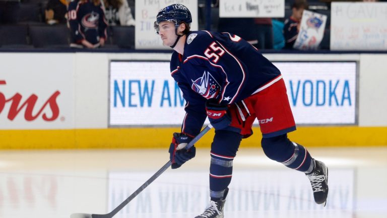 Columbus Blue Jackets forward Carson Meyer warms up before an NHL hockey game against the Boston Bruins in Columbus, Ohio, Monday, April 4, 2022. (Paul Vernon/AP)