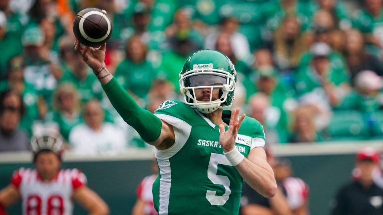 Saskatchewan Roughriders quarterback Shea Patterson (5) throws against Calgary Stampeders during the first half of CFL football action in Regina, Saturday, July 15, 2023. (Heywood Yu/CP)